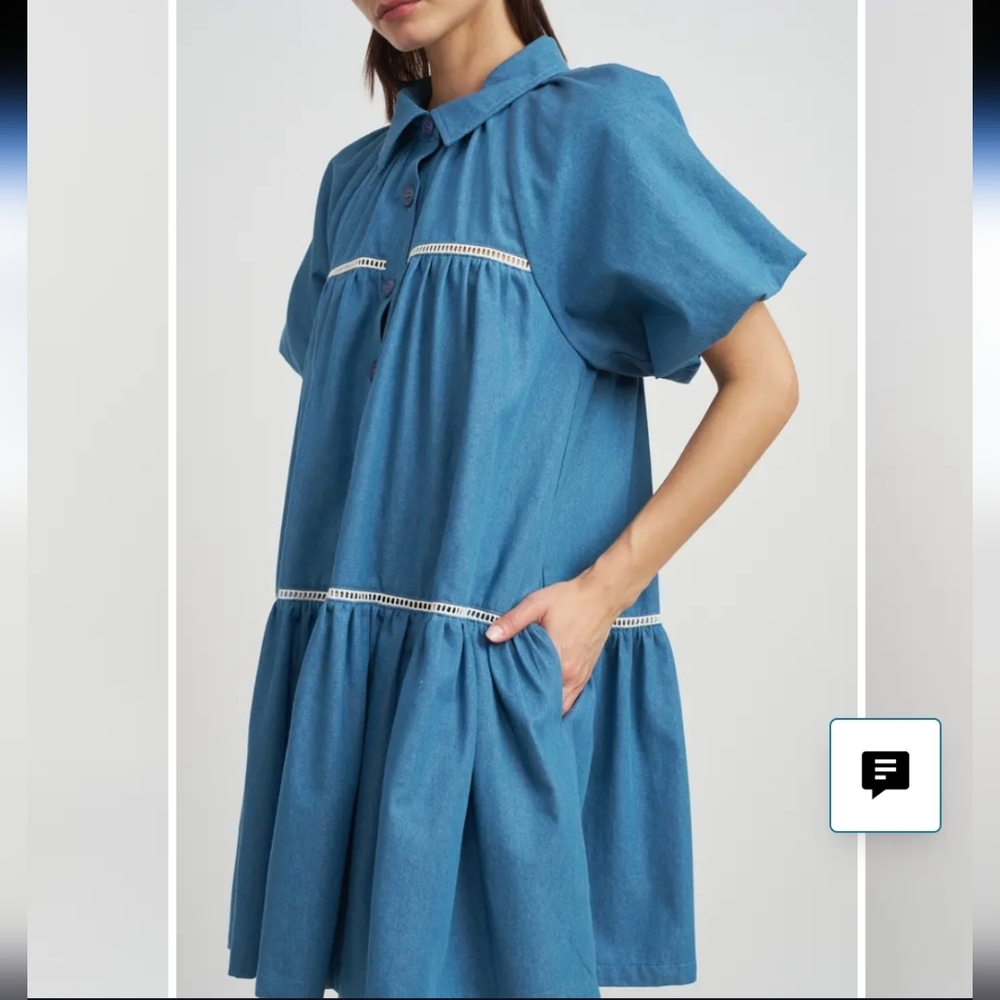 En Saison Tara Tiered Cotton Trapeze Mini Dress Denim Puff Sleeve Size Large - Picture 2 of 11